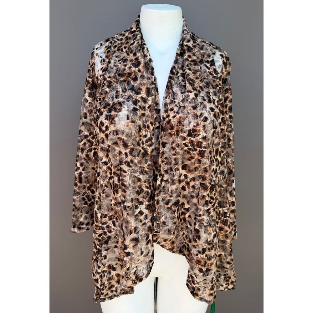 Slinky Brand Leopard Lace Cardigan S Brown Sheer Mesh Open Front Draped Wrap Top